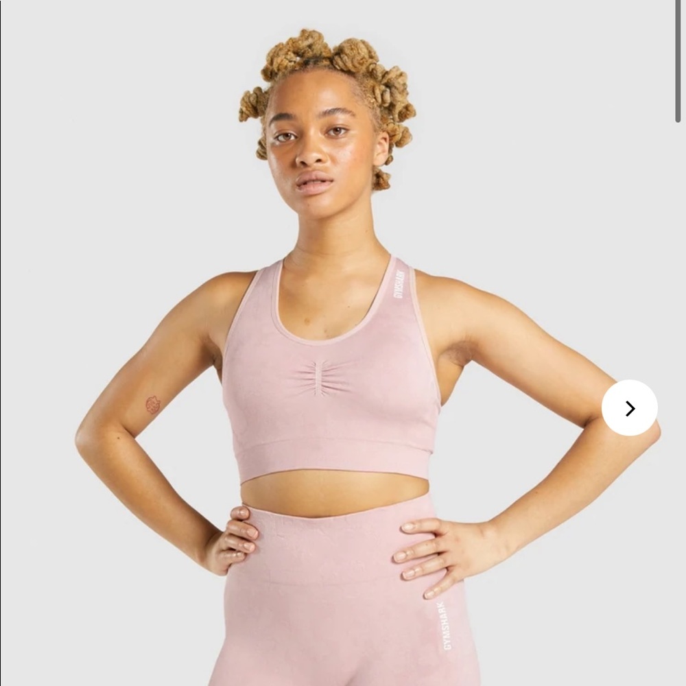 Gymshark matching pink camo bra/short set. Bra size medium, shorts size medium